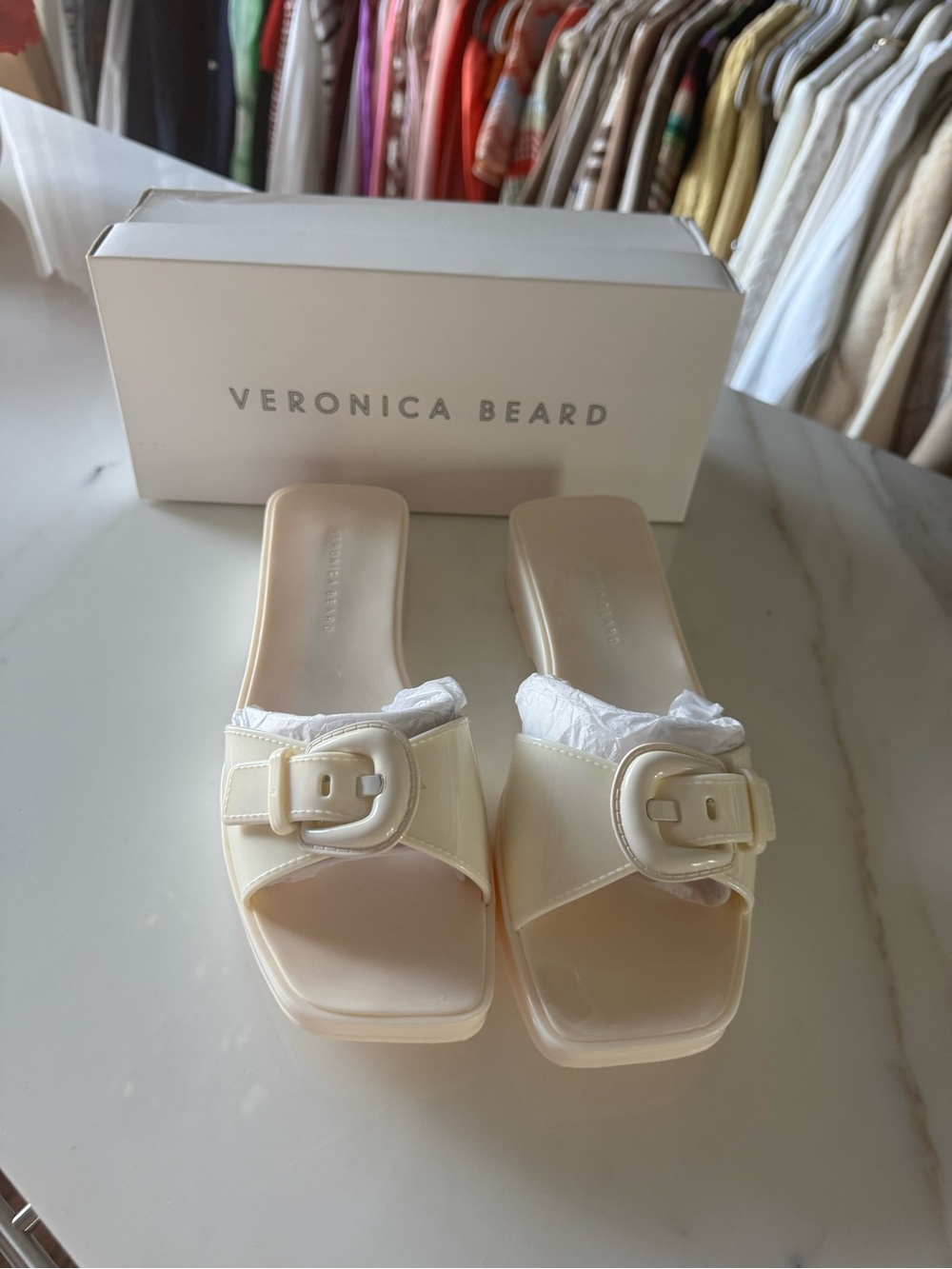 Veronica Beard Ivory Buckle Slide Mules